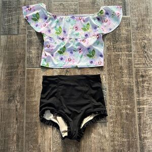Kourtni Jeane Swim Suit Floral Top Black Ruffle High Waist Bottoms Medium